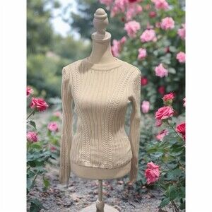 SO Sweater Womens Size M Ivory Cable Knit Ribbed Pullover Crew Neck Long
